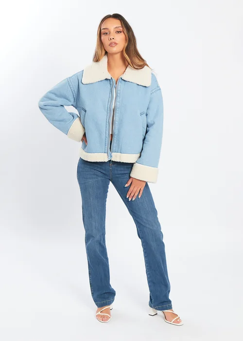 Influence Blue Denim-Style Borg Zip Aviator Jacket - 12 Image 3