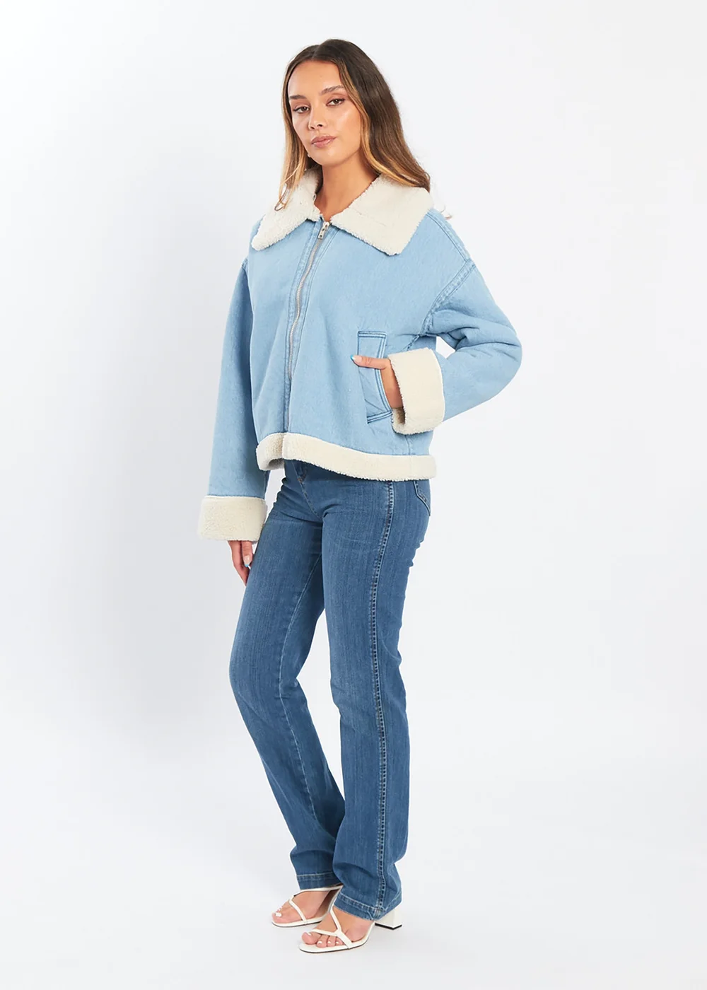 Influence Blue Denim-Style Borg Zip Aviator Jacket - 12 Image 2
