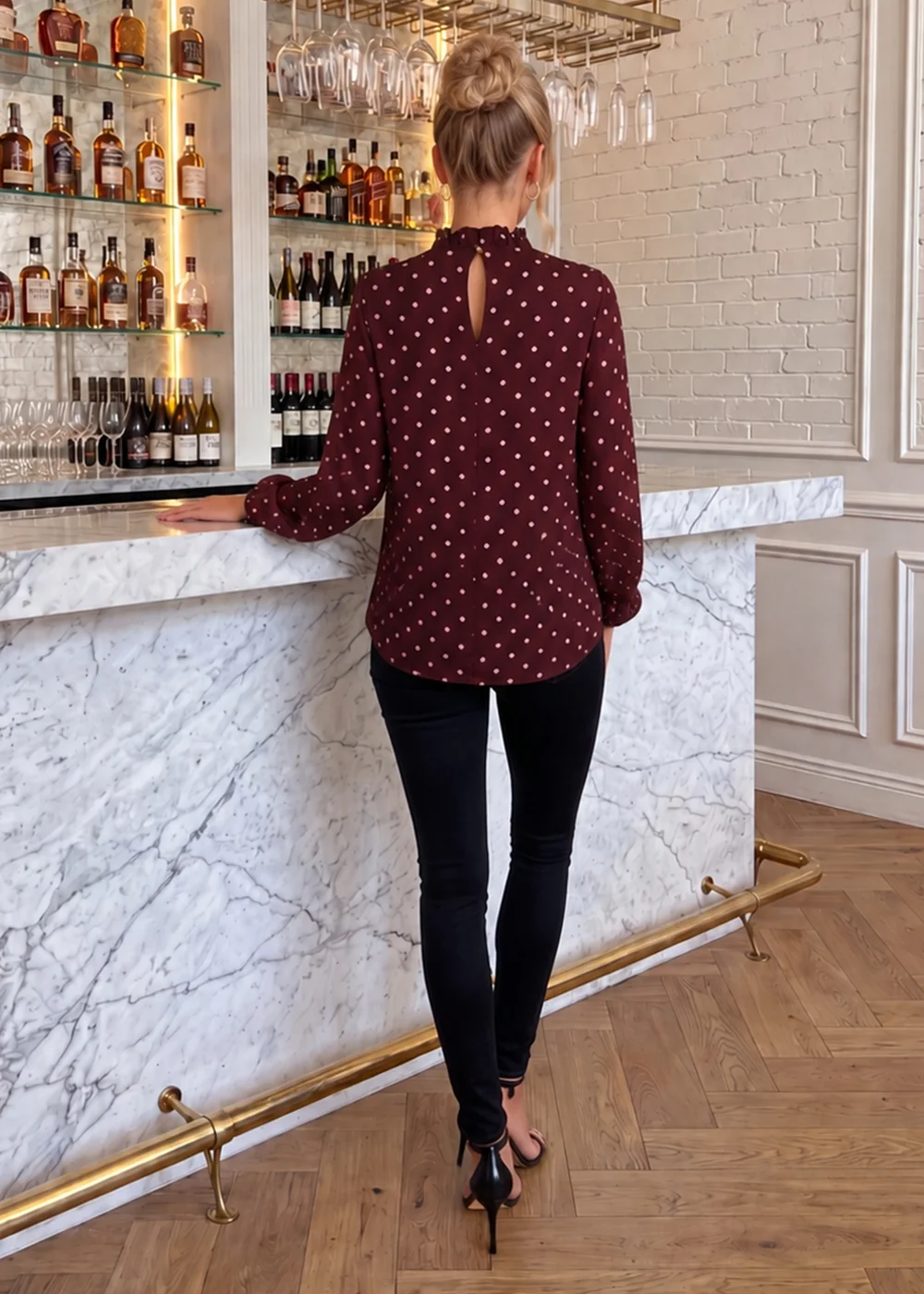 AX Paris Burgundy Polka Dot Print Long Sleeve Ruffle Neck Top - 8 Image 4
