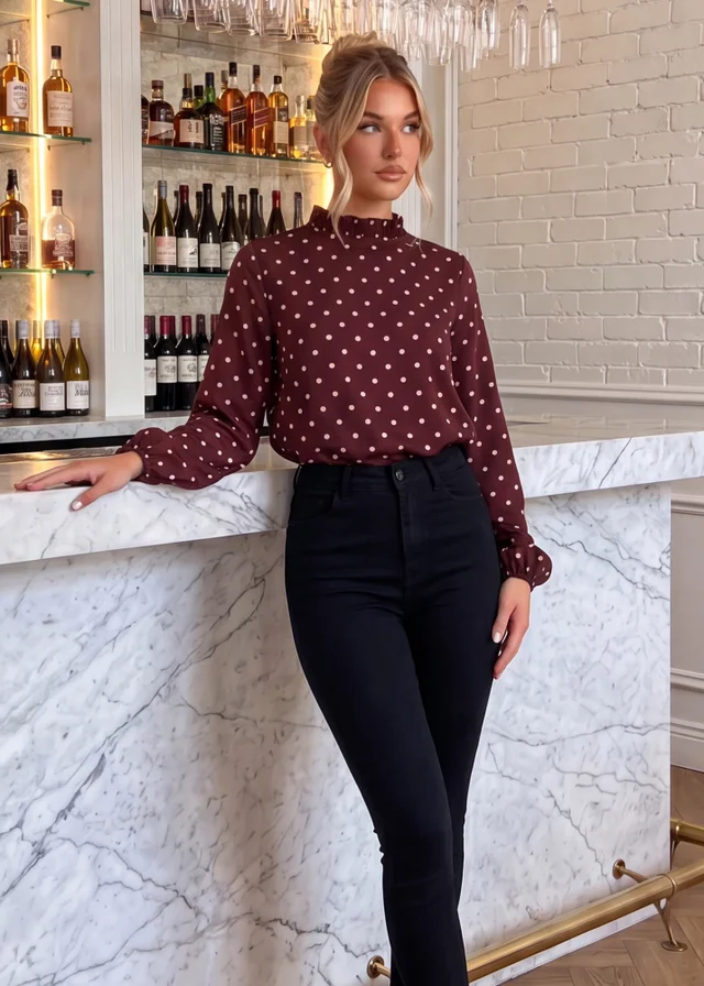AX Paris Burgundy Polka Dot Print Long Sleeve Ruffle Neck Top