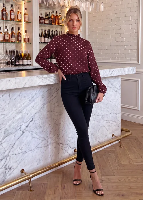 AX Paris Burgundy Polka Dot Print Long Sleeve Ruffle Neck Top - 8 Image 2