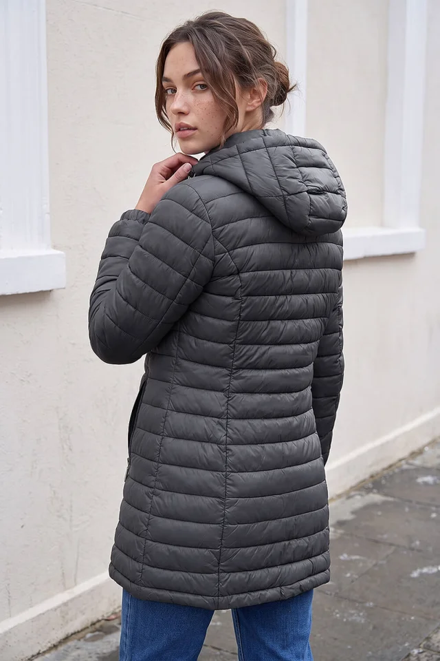 Roman Dark Grey Petite Metallic Finish Quilted Puffer Coat