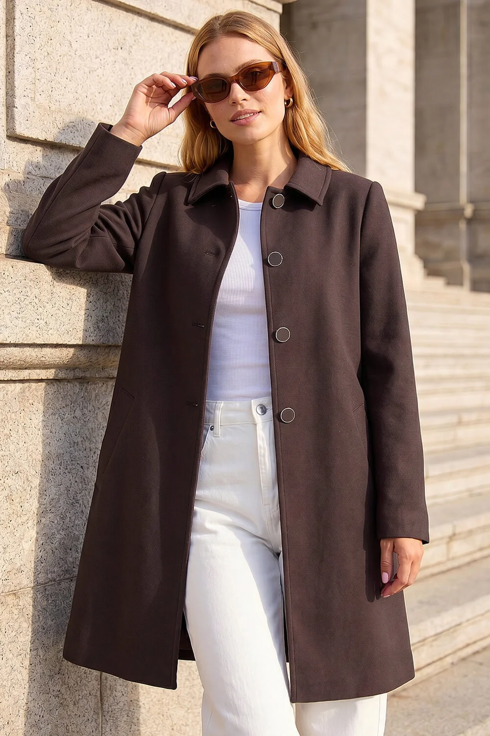 Roman Chocolate Buttoned Swing Coat - 14 Image 1