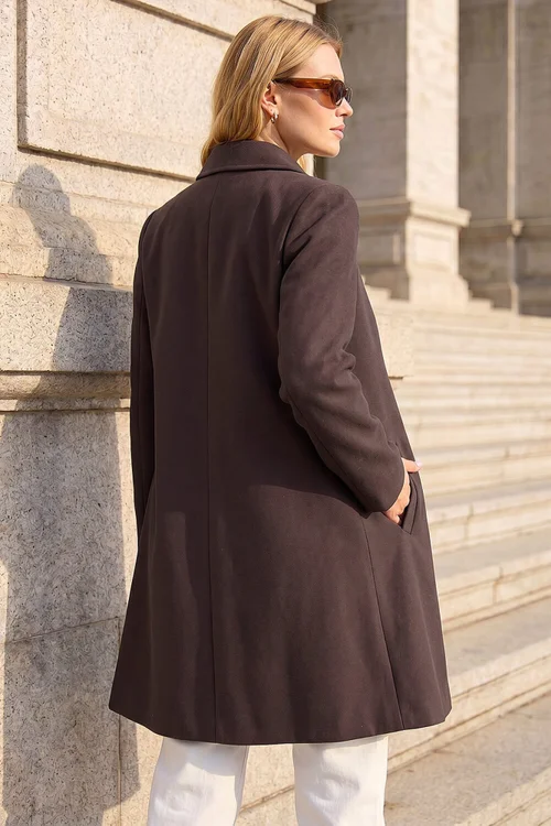 Roman Chocolate Buttoned Swing Coat - 14 Image 3