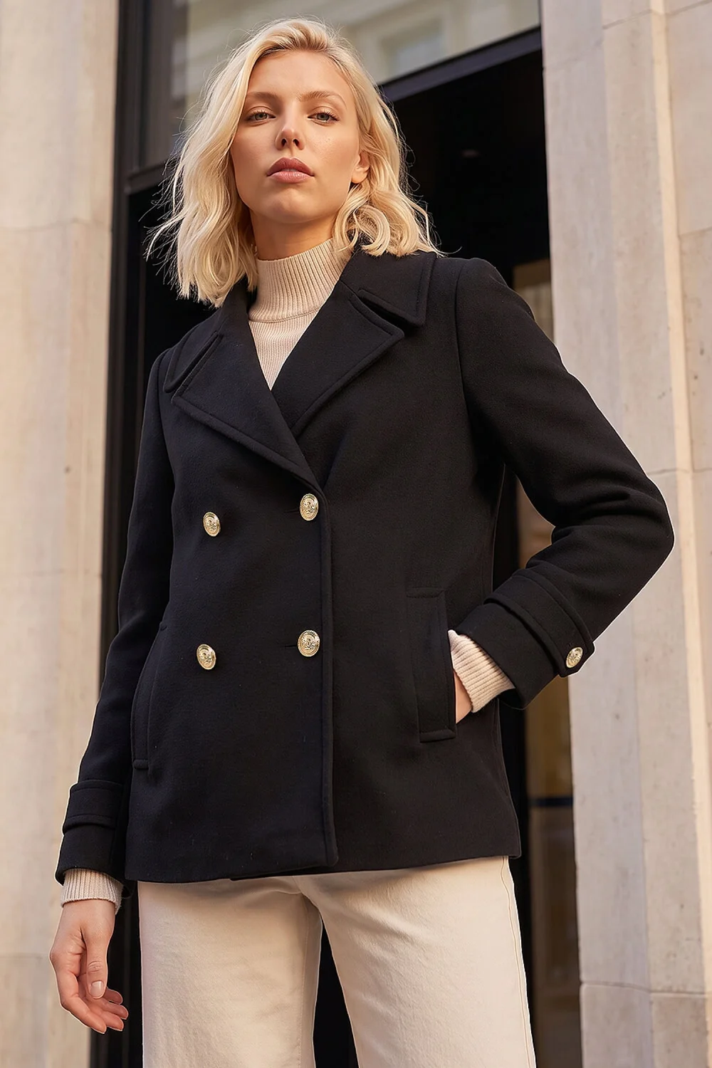 Roman Black Petite Collar Double Breasted Coat - 18 Image 1