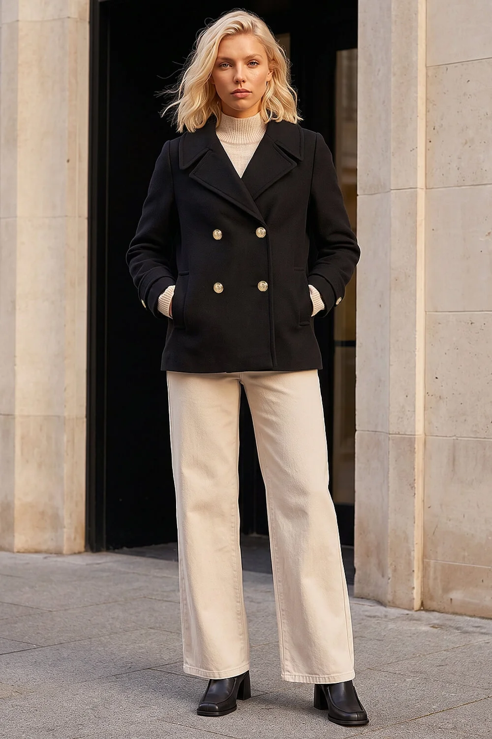 Roman Black Petite Collar Double Breasted Coat - 18 Image 3