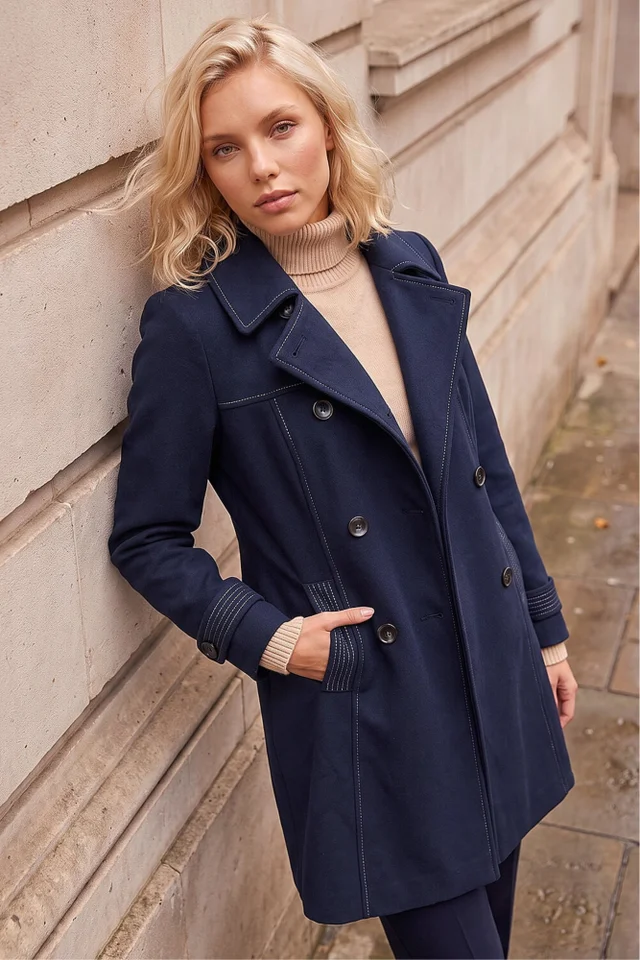 Roman Navy Petite Contrast Double Breasted Coat