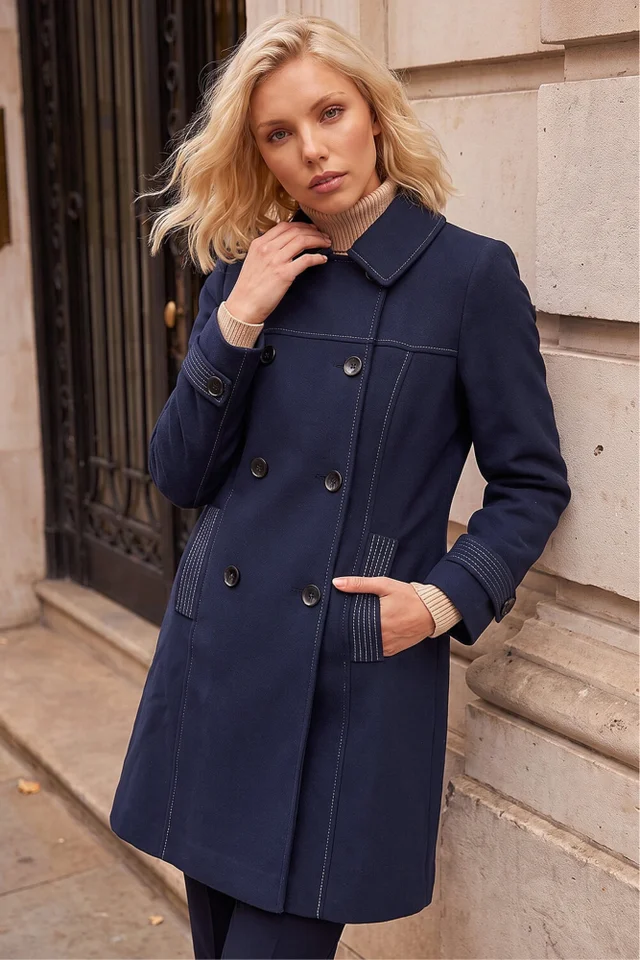 Roman Navy Petite Contrast Double Breasted Coat