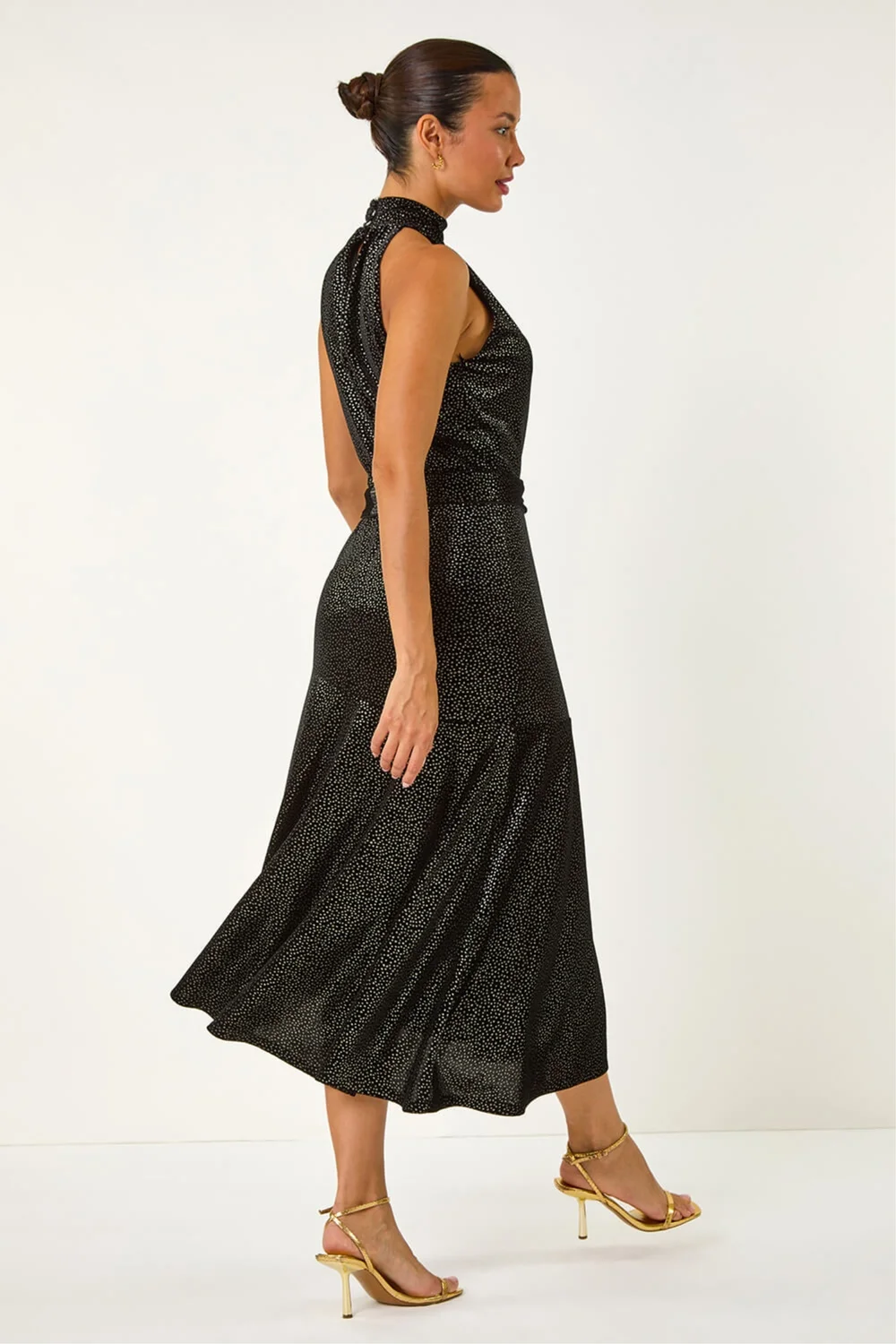 Roman Black Velvet Halter Neck Ruffle Hem Midi Dress - 12 Image 3