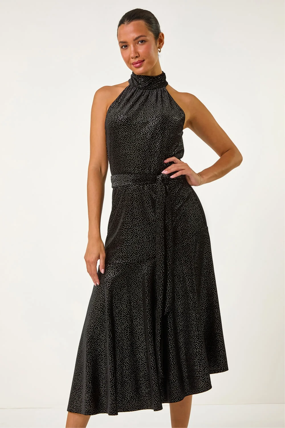 Roman Black Velvet Halter Neck Ruffle Hem Midi Dress - 12 Image 2