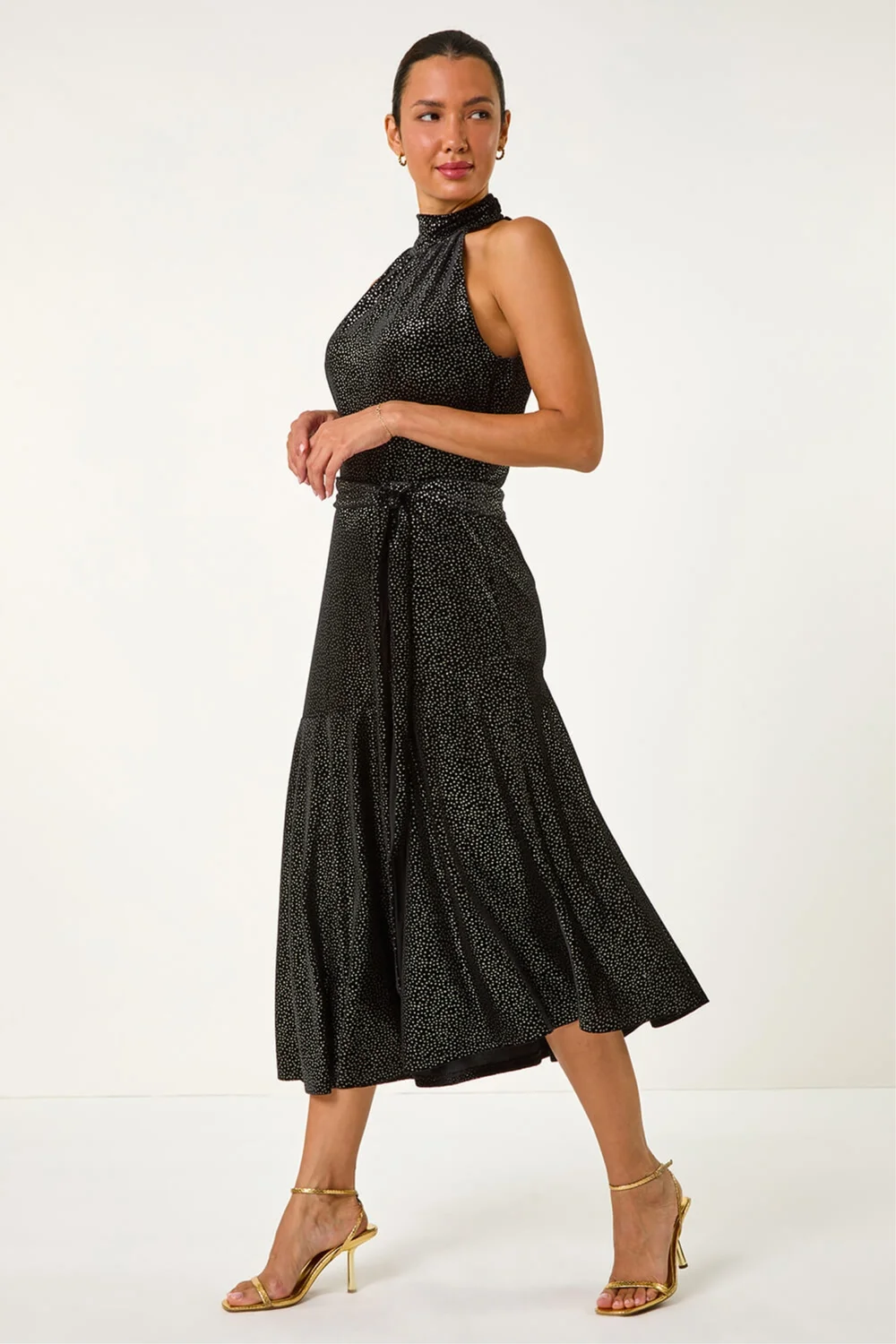 Roman Black Velvet Halter Neck Ruffle Hem Midi Dress - 12 Image 4
