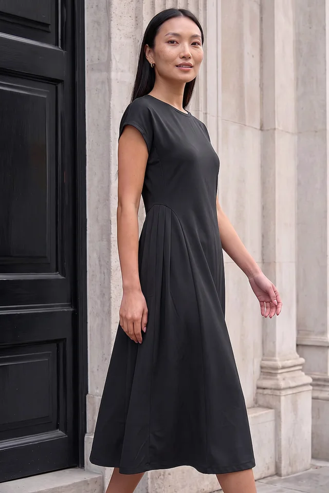 Roman Black Side Pleat Detail Dress