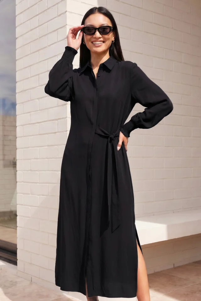 Roman Black Tie Waist Buttoned Shirt Dress