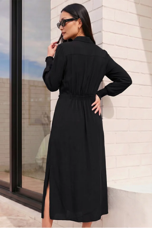 Roman Black Tie Waist Buttoned Shirt Dress