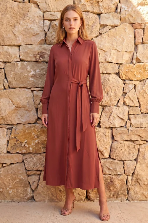 Roman Copper Tie Waist Buttoned Shirt Dress - 16 Image 2
