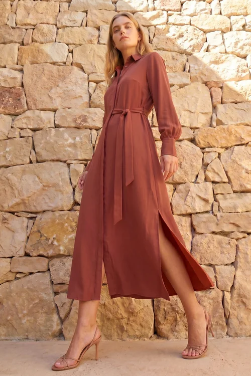 Roman Copper Tie Waist Buttoned Shirt Dress - 16 Image 1