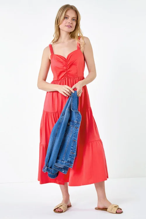 Roman Coral Cotton Strappy Tiered Midi Dress - 16 Image 1