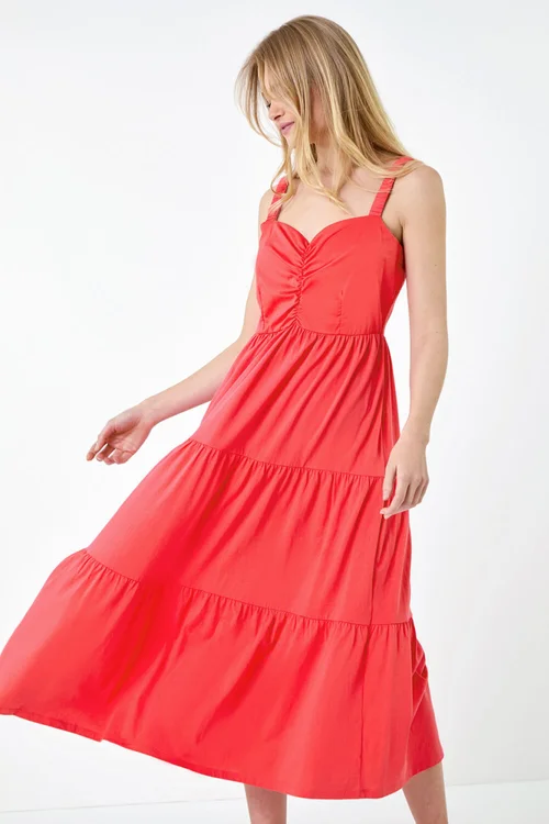 Roman Coral Cotton Strappy Tiered Midi Dress - 16 Image 4
