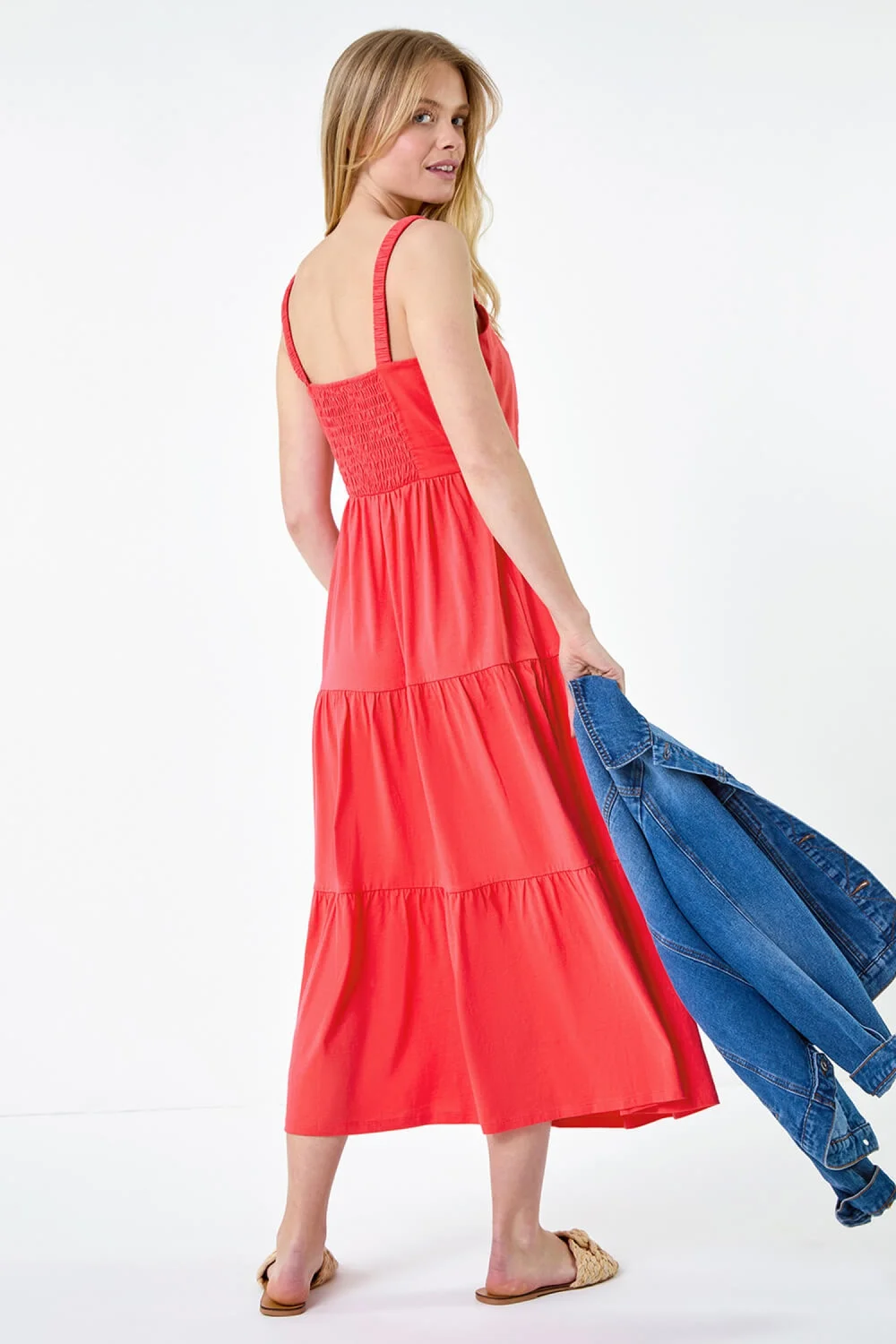 Roman Coral Cotton Strappy Tiered Midi Dress - 16 Image 3