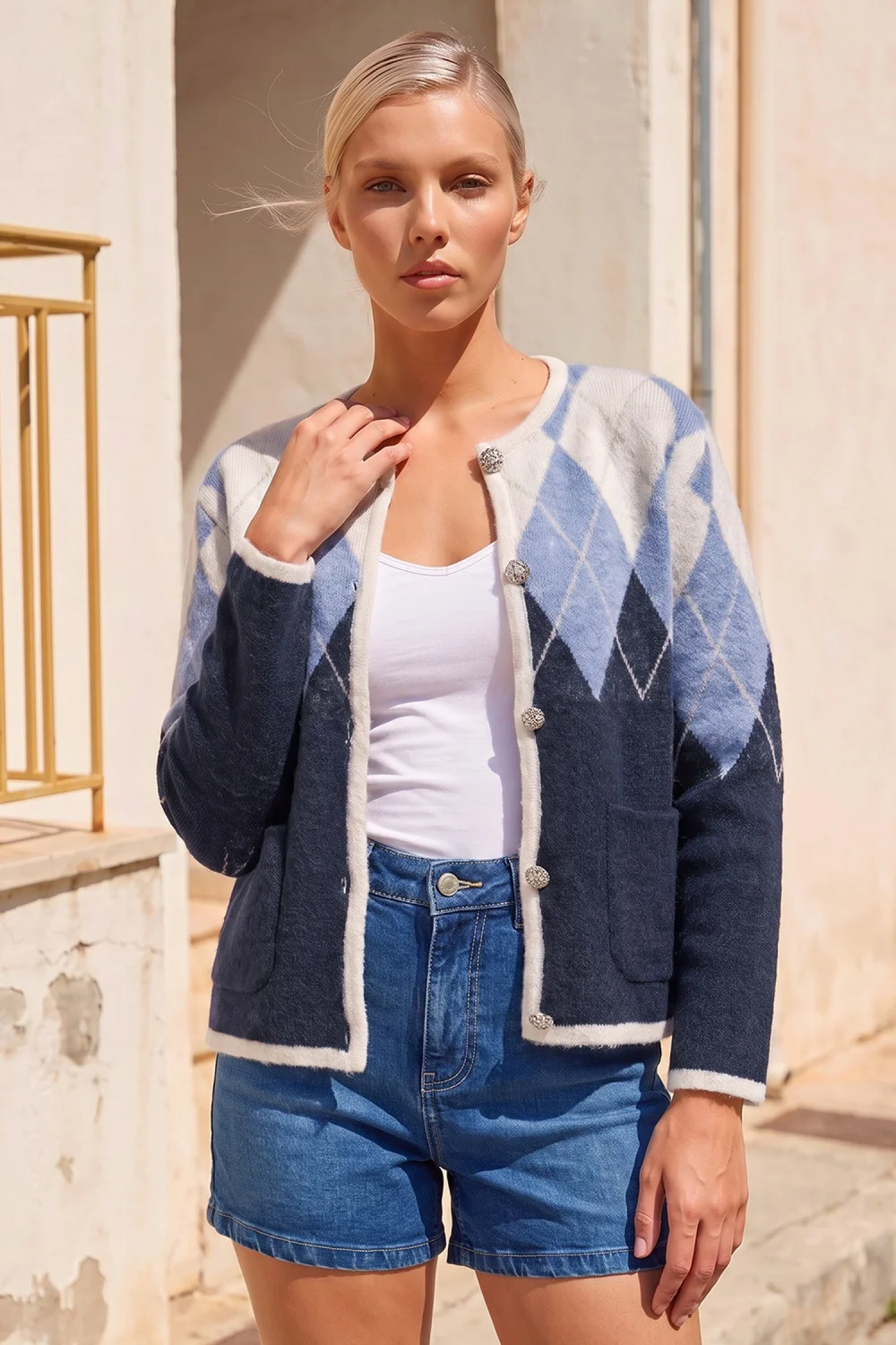 Roman Navy Petite Buttoned Argyle Knit Cardigan - 16 Image 1