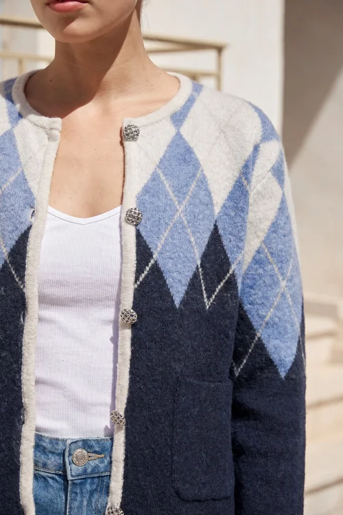 Roman Navy Petite Buttoned Argyle Knit Cardigan - 16 Image 4