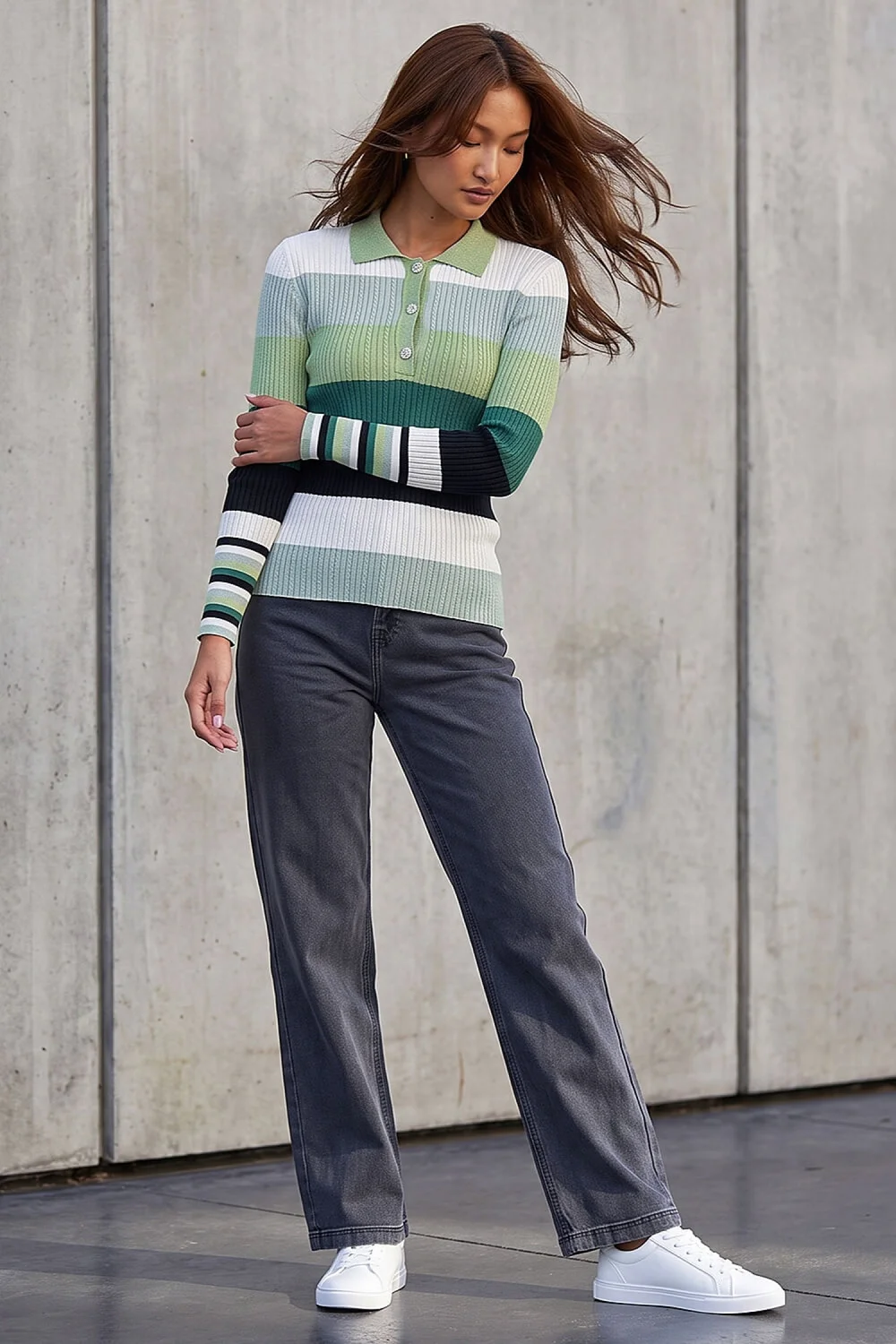 Roman Green Stripe Collar Buttoned Knit - 10 Image 3