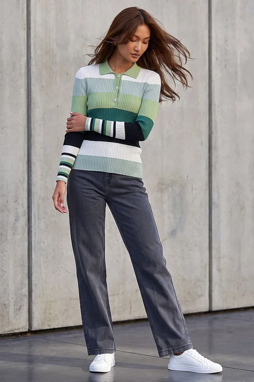 Roman Green Stripe Collar Buttoned Knit - 10 Image 3
