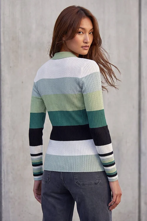 Roman Green Stripe Collar Buttoned Knit - 10 Image 2