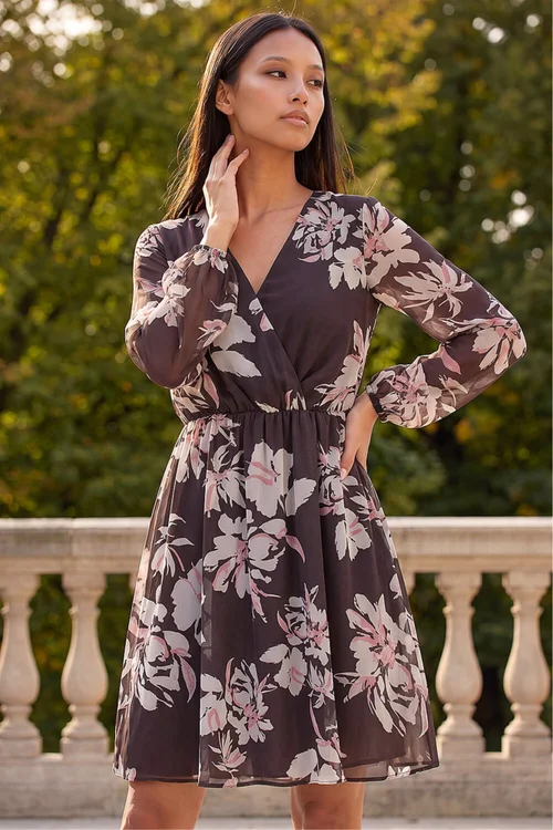 Roman Chocolate Petite Floral Wrap Dress - 12 Image 2
