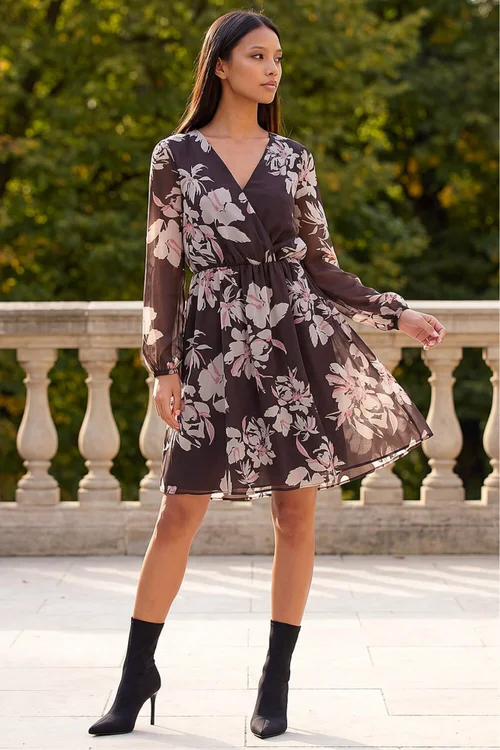 Roman Chocolate Petite Floral Wrap Dress - 12 Image 1
