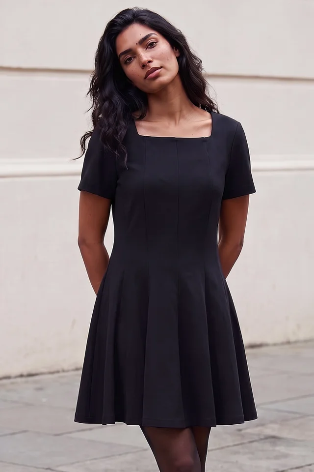 Roman Black Square Neck Panel Dress