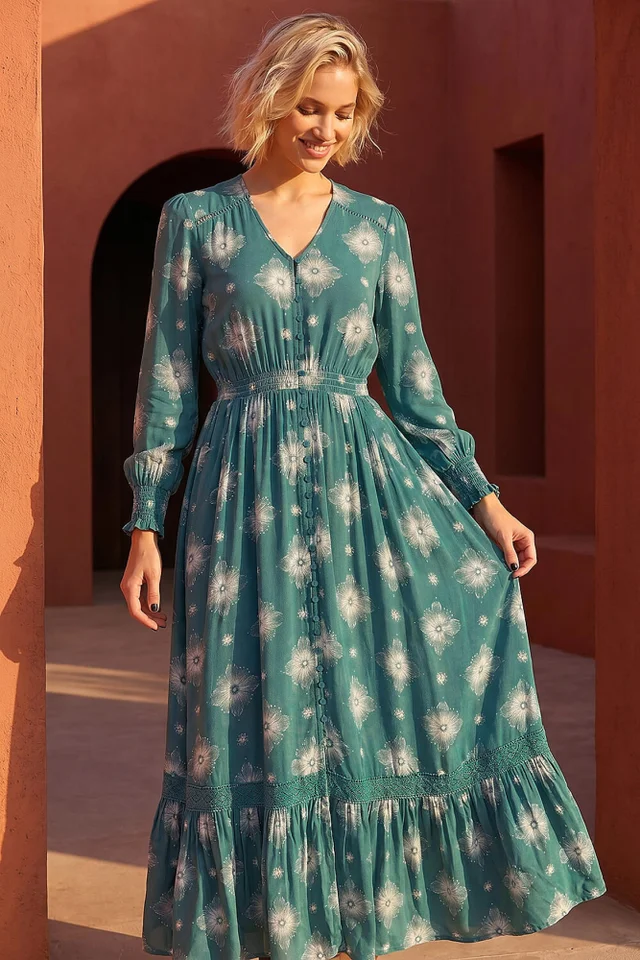 Roman Emerald Floral Lace Trim Midi Dress