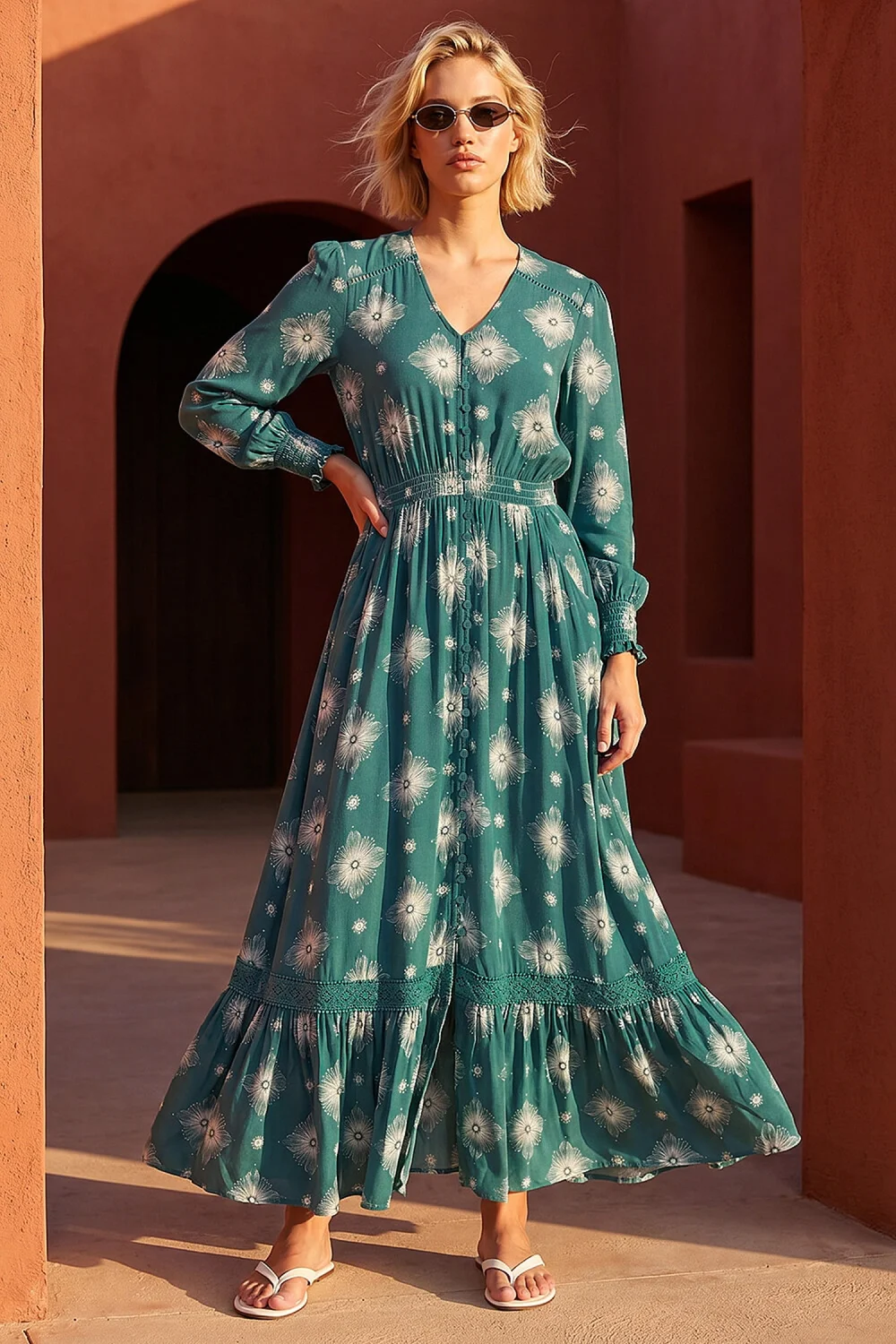 Roman Emerald Floral Lace Trim Midi Dress - 12 Image 1