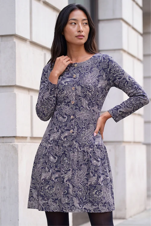 Roman Navy Petite Paisley Button Down Dress - 10 Image 2