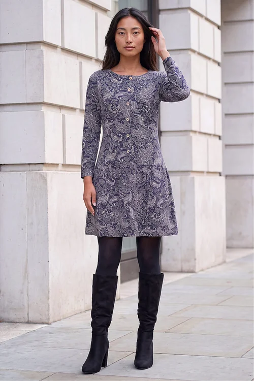 Roman Navy Petite Paisley Button Down Dress - 10 Image 1