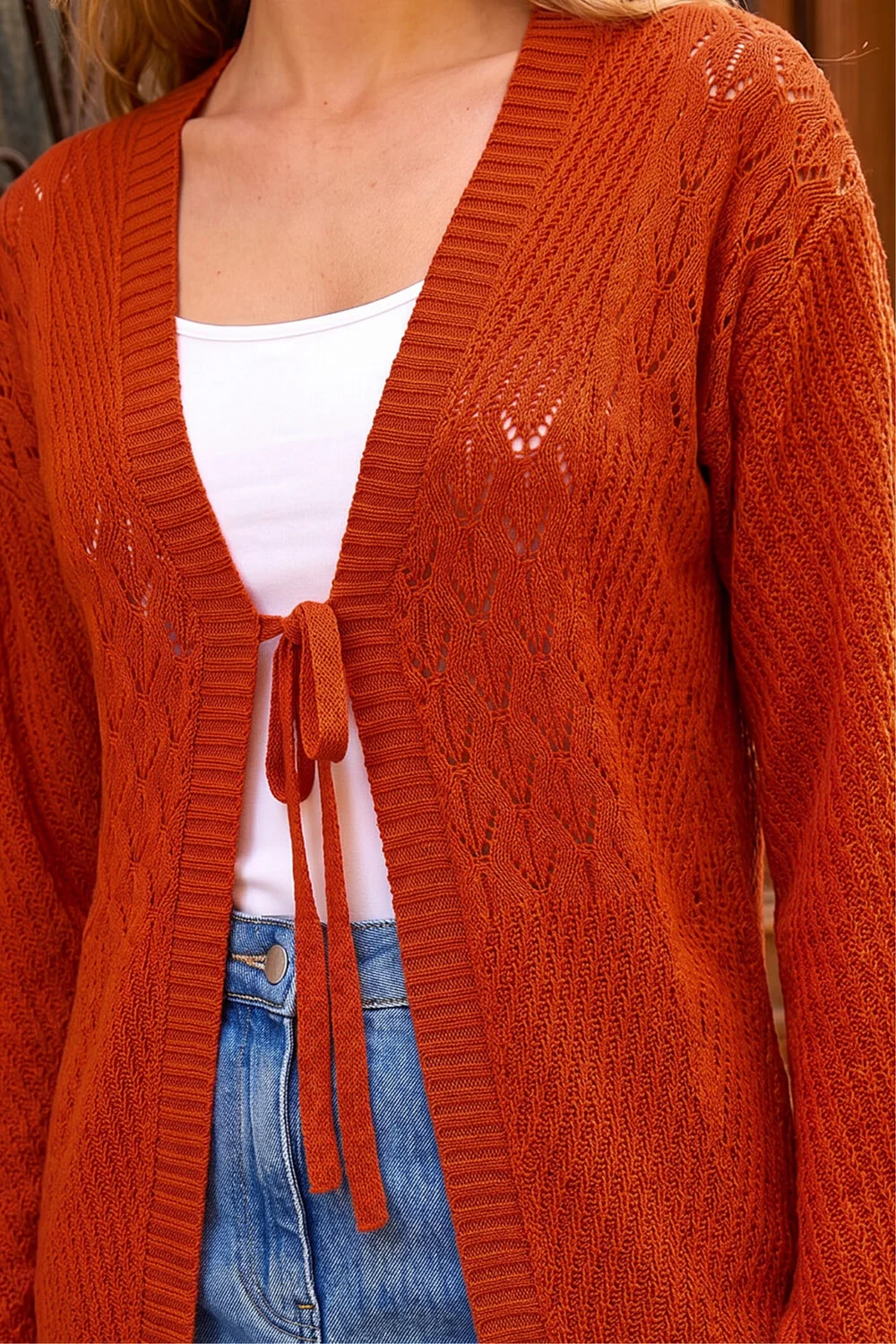 Roman Rust Textured Tie Front Knit Cardigan - 10 Image 4