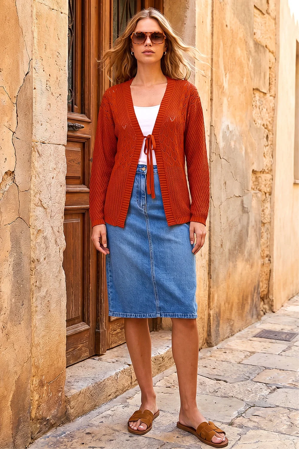 Roman Rust Textured Tie Front Knit Cardigan - 10 Image 3