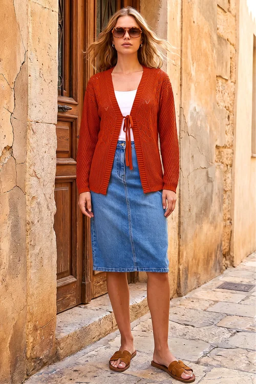 Roman Rust Textured Tie Front Knit Cardigan - 10 Image 3