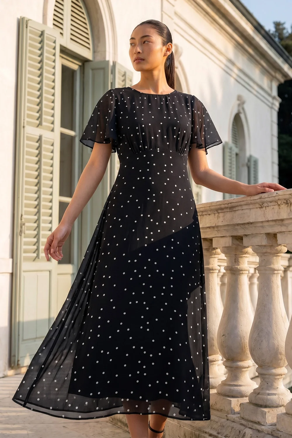Roman Black Petite Spot Dot Chiffon Dress - 12 Image 1