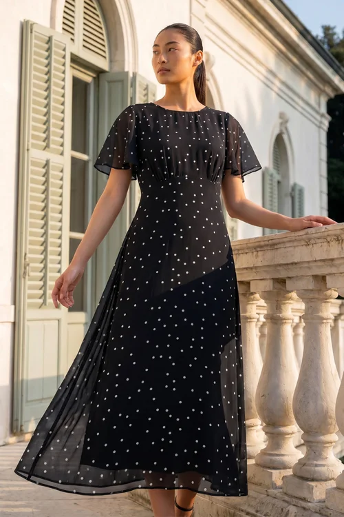 Roman Black Petite Spot Dot Chiffon Dress - 12 Image 1
