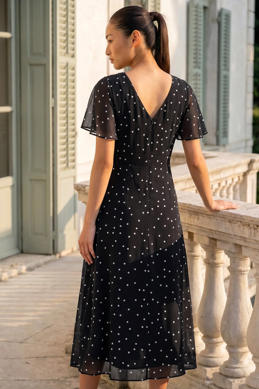 Roman Black Petite Spot Dot Chiffon Dress - 12 Image 2