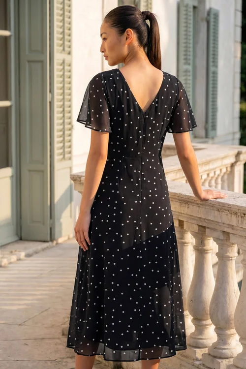 Roman Black Petite Spot Dot Chiffon Dress - 12 Image 2