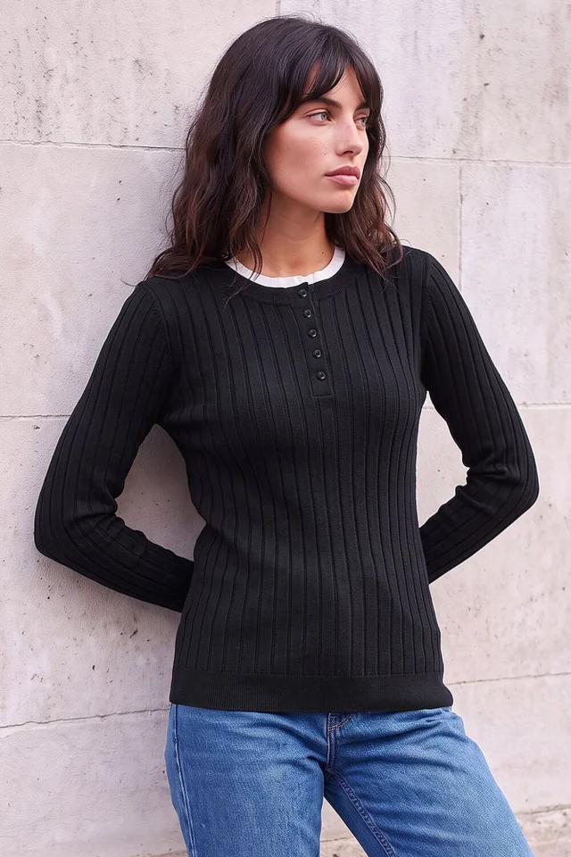 Roman Black Double Mock Henley Style Ribbed Knit Jumper