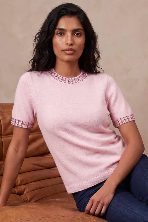 Roman Light Pink Embellish Trim Knitted Top - 14 Image 1