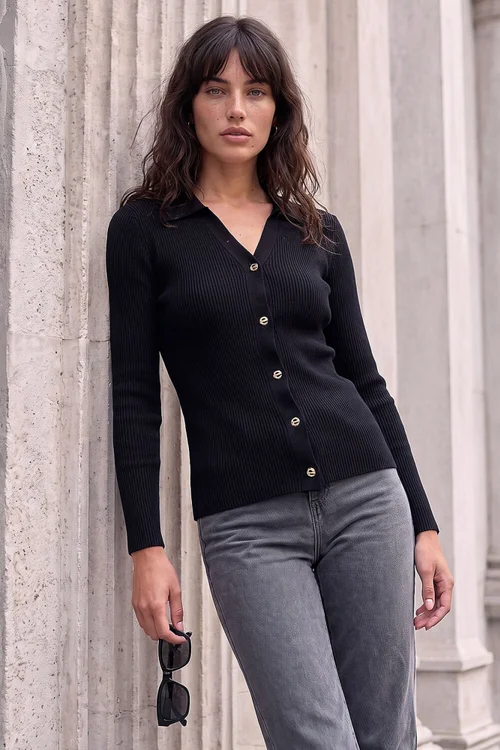 Roman Black Buttoned Ribbed Henley Style Knit - 10 Image 1