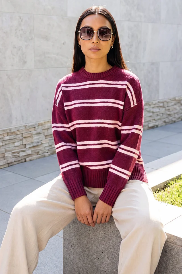 Roman Burgundy Stripe Crew Neck Jumper
