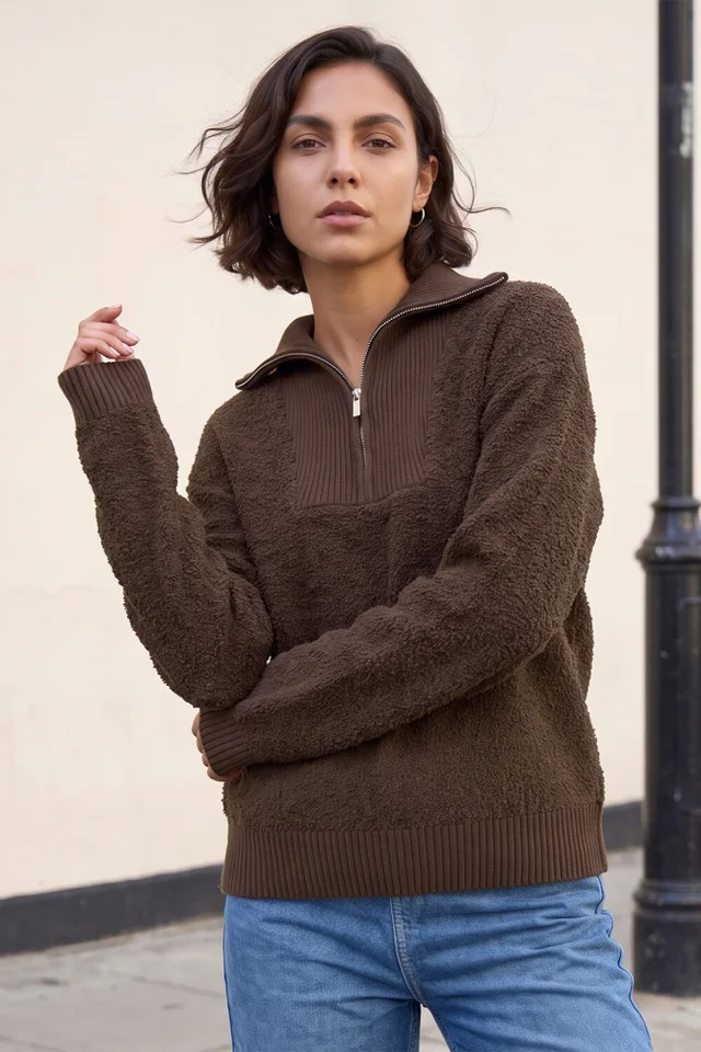 Roman Chocolate Fleece Knit Zip Up Jumper