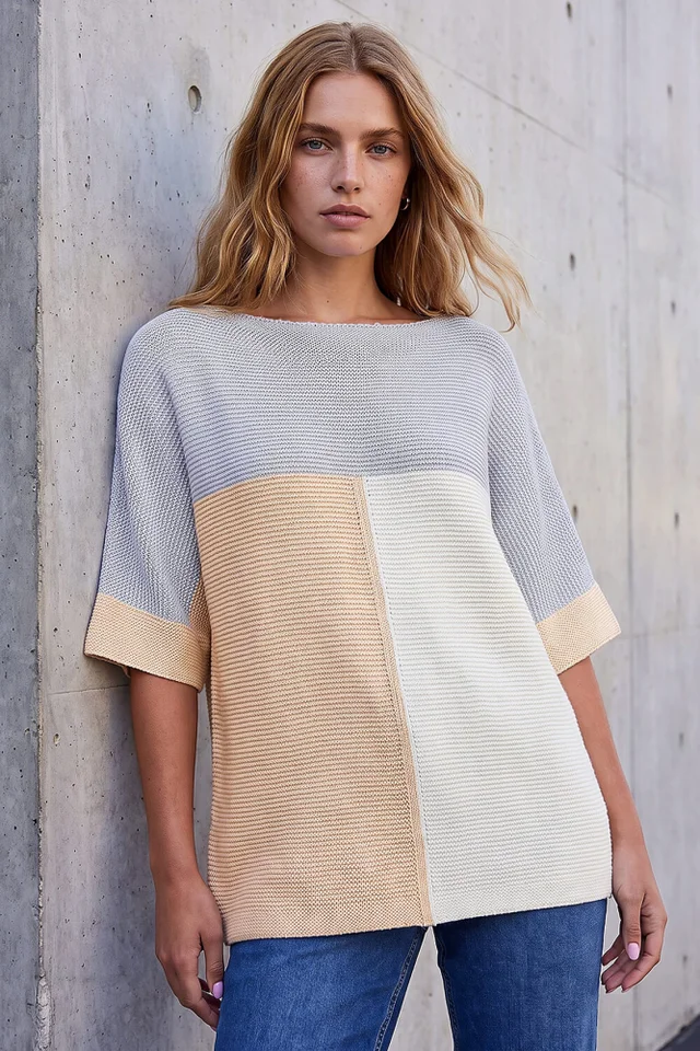 Roman Light Grey Colour Block Short Sleeve Jumper
