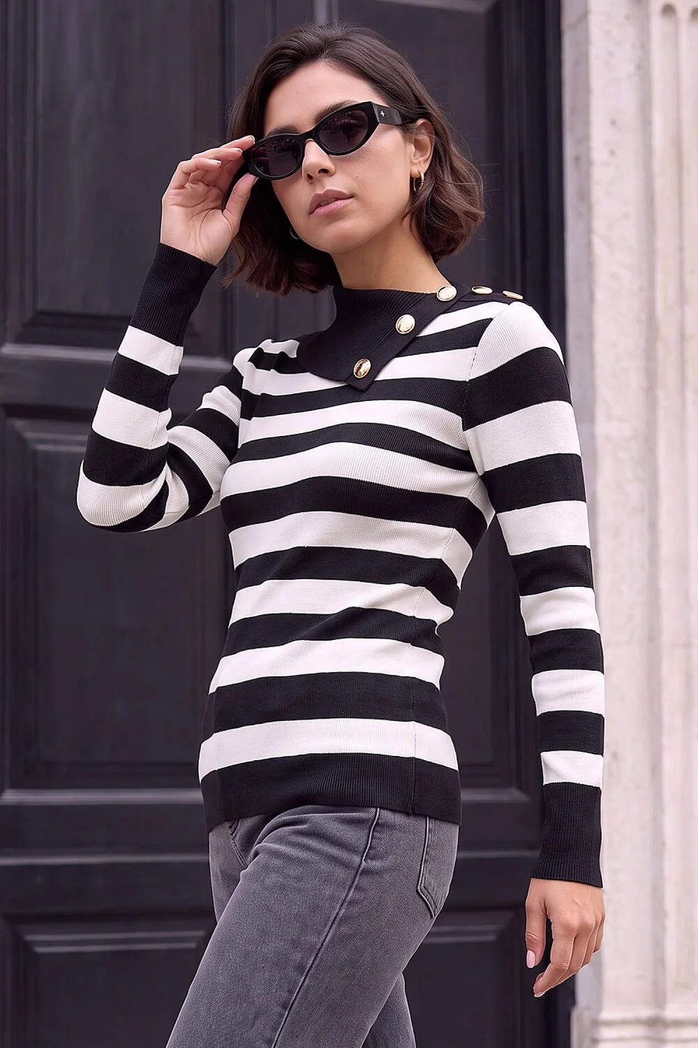 Roman Black Button Stripe Knit Jumper - 10 Image 1