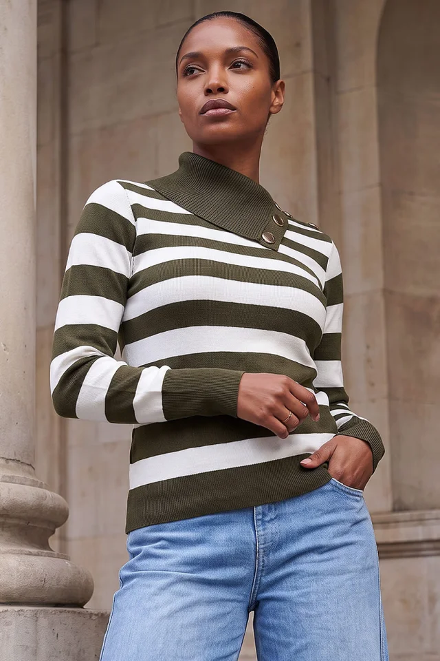 Roman Khaki Button Stripe Knit Jumper